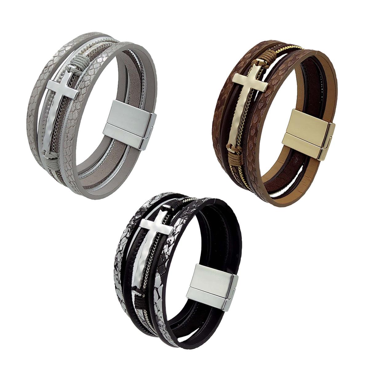 Men Cross Bracelet Multi-Layer Leather Wristband Stainless Steel Stylish Gift-1