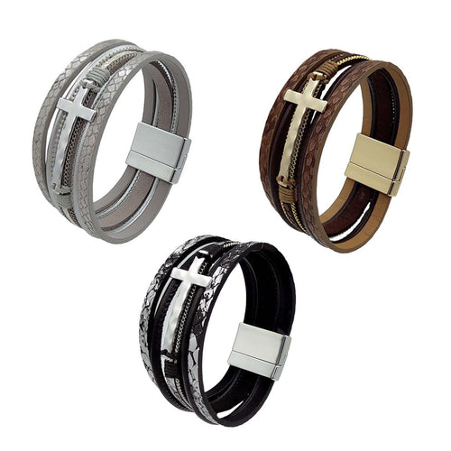 Men Cross Bracelet Multi-Layer Leather Wristband Stainless Steel Stylish Gift-1