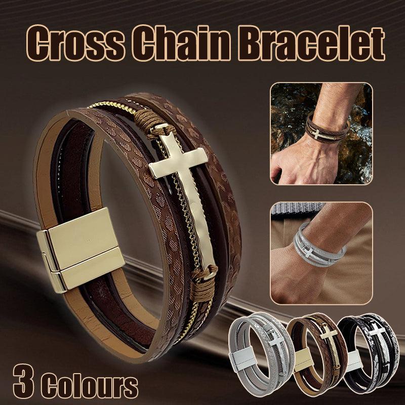 Men Cross Bracelet Multi-Layer Leather Wristband Stainless Steel Stylish Gift-0