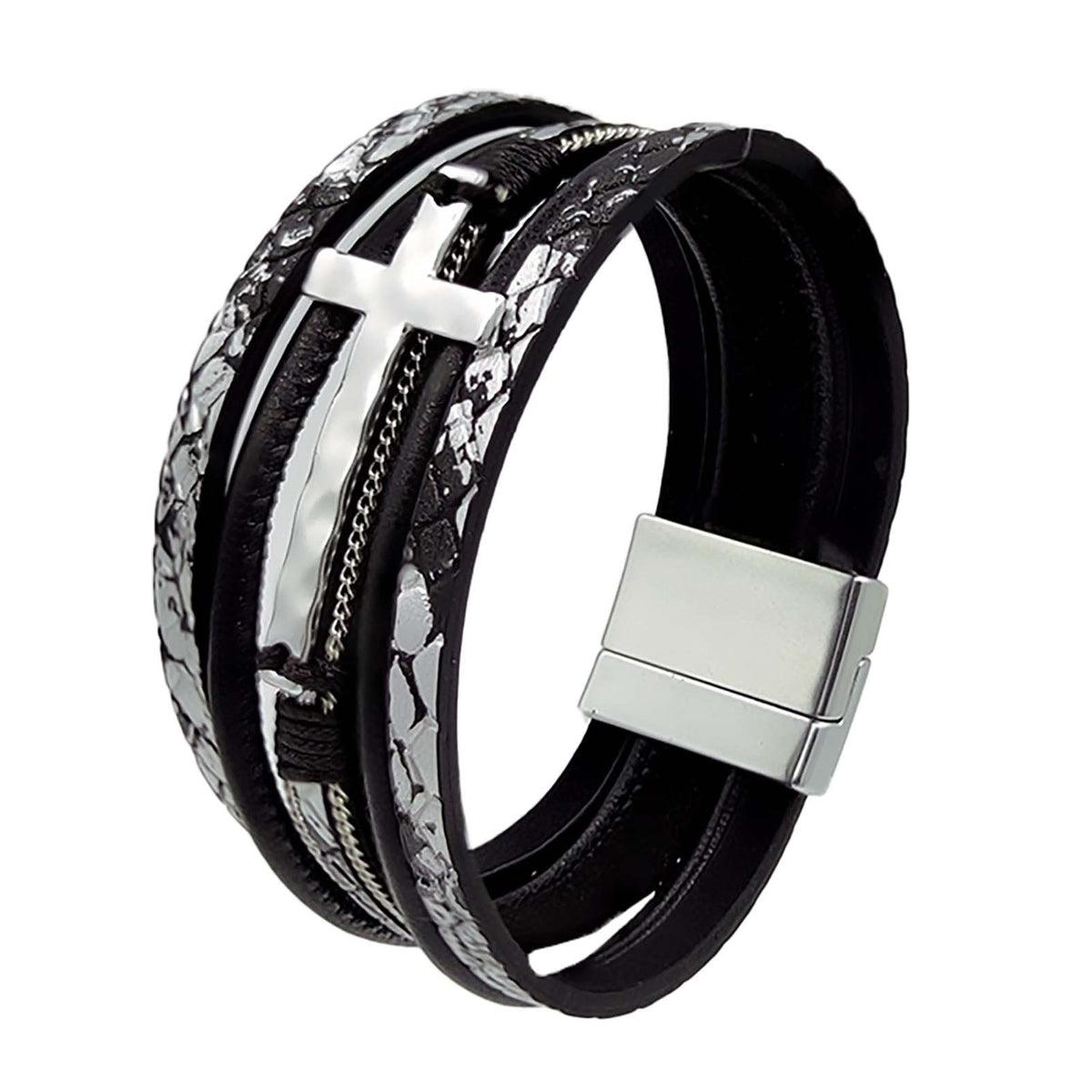 Men Cross Bracelet Multi-Layer Leather Wristband Stainless Steel Stylish Gift-7