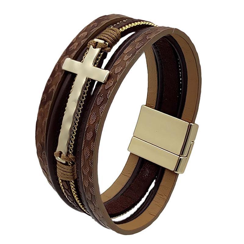 Men Cross Bracelet Multi-Layer Leather Wristband Stainless Steel Stylish Gift-5
