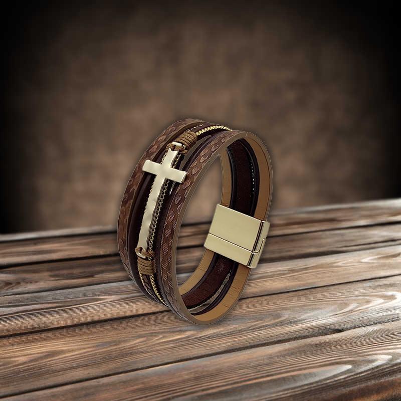 Men Cross Bracelet Multi-Layer Leather Wristband Stainless Steel Stylish Gift-4